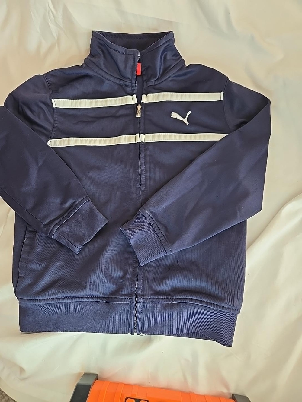 Puma Navy Kids Track Jacket with White Stripe Accents